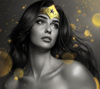 Wonder Woman, golden, white, black, frumusete, art, bw, girl, fantasy, comics, yellow, warren louw, luminos HD wallpaper