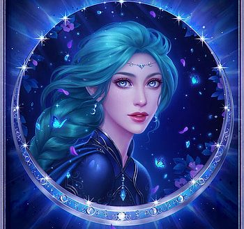 Cleric of Selune, blue, frumusete, girl, moon, fantasy, riikka sofia riekkinen, luna, face, luminos, selune, cleric HD wallpaper