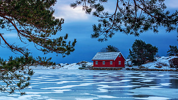 Grimstad, Norway, snow, cabin, river, scandinavia, landscape, trees, ice HD wallpaper