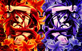 red and purple anime girls, purple, anime, red, cute, girls, flowers, orange HD wallpaper