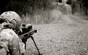 military sniper warriors soldiers rifle guns scope camo roads black white HD wallpaper