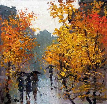 Tatiana Rusakov. The rain in Kiev, umbrella, tatiana rusakov, rain, painting, art, tree HD wallpaper
