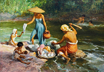 Lavanderas by Fernando Amorsolo, ybcclub, painting, art, pictura, fernando amorsolo, lavanderas, water, woman, ybc club HD wallpaper