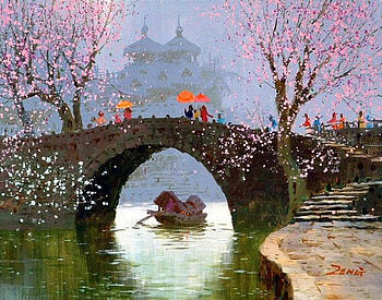Xiang Ming Zeng, river, rain, painting, art, flower, bridge, tree HD wallpaper