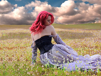 Alone in the field, lady, field, alone, red hair, girl, lonely, woman, loneliness HD wallpaper
