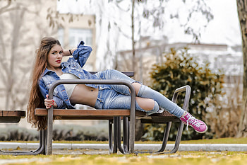 Gabriela in Denim, jacket, model, blonde, jeans, bench HD wallpaper
