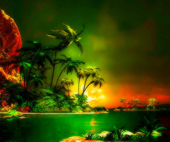 Tropical Fantasy, colorful, art, tropical, fantasy, abstract, bright, green, water, palm trees HD wallpaper