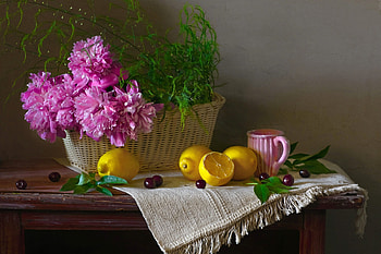 Still life, Mug, Lemon, Berries, Towel HD wallpaper