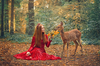 Redhead with a Fawn, redhead, model, fawn, dress, outdoors HD wallpaper