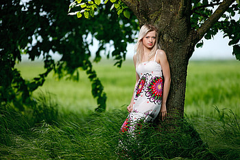 Summer Beauty, blonde, girl, beautiful, grass, dress, beauty, tree, summer, lovely HD wallpaper