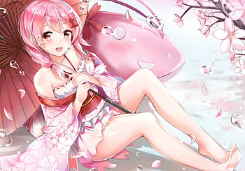 After the Rain, umbrella, kimono, cute, drops, beauty, lady, cherry blossom, water, female, sweet, rain, smile, soft, girl, beautiful, tree, woman, anime girl, pink, anime, pretty, red, flowers, lovely HD wallpaper