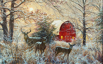 Winter Moonlight, artwork, frost, barn, painting, deer, trees, ice HD wallpaper