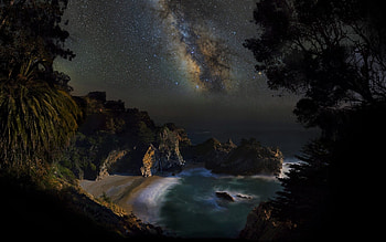 Milky Way over Big Sur, California, Rocks, Sea, Mountains, Nature, Stars, Coast, Beaches, Oceans, Clouds, California, Sky HD wallpaper