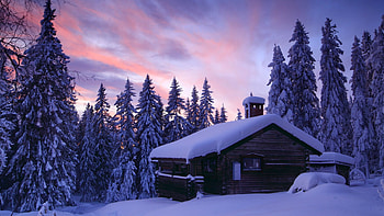 Mountain Cabin, firs, snow, colors, sky, sunset HD wallpaper