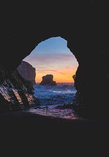 Nature, Sunset, Sea, Rocks, Cave HD phone wallpaper