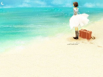 Watching The Waves, umbrella, suitcase, lady, waves, ocean, beach HD wallpaper