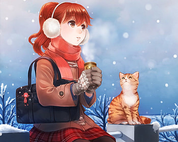 Snowny Day, kitten, winter, animal, kitty, heads, cute, long hair, choco, snow, sweater, female, sexy, hot choco, bag, hot, cold, girl, cat, anime girl, anime, ze HD wallpaper
