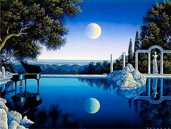 Moon Reflections, night, artwork, piano, painting, trees, water, reflections HD wallpaper