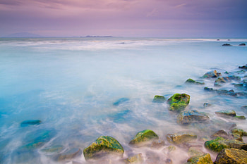 fantastic seascape, mist, sea, shore, moss, rocks HD wallpaper