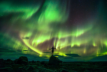 Northern lights, Girl, Night, Stones, Sky HD wallpaper