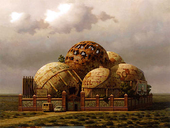 The Factory, circles, architecture, balls, industry, 3d, fantasy, abstract, clouds, sky HD wallpaper
