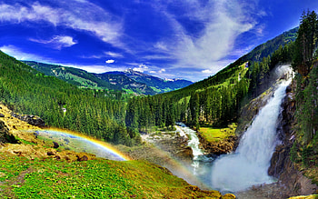 Magic Lives Here, blue, river, sunny, colors, peaceful, beauty, trees, amazing, mountains, water, magic, woods, landscape, beautiful, grass, rainbow, green, view, waterfall, clouds, nature, sky, lovely, forest, splendor HD wallpaper