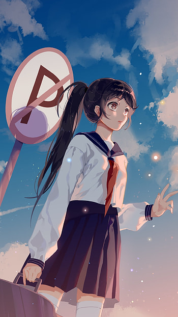 schoolgirl, brown eyes, brown hair, long hair, school uniform, Anime, Original HD phone wallpaper