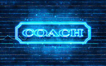 Coach blue logo, , blue brickwall, Coach logo, brands, Coach neon logo, Coach HD wallpaper