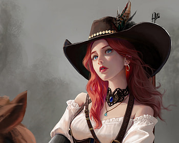 Redhead, hat, frumusete, cowgirl, art, gorgeous, girl, earring, jewel, superb, shanwenyufan, luminos, rider HD wallpaper