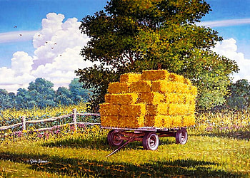 While the Sun Shines, fence, straw, painting, clouds, trees, meadow, sky HD wallpaper