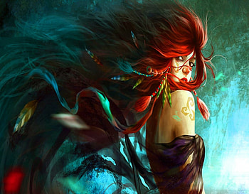 Wind In Her Hair, feathers, fantasy, ribbons, red head, tattoo HD wallpaper