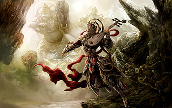 Fantasy warrior, man, beast, oriental, instruments, armor HD wallpaper