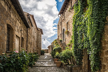 Historic stone houses adorned with ivy in a que Mediterranean street. HD wallpaper