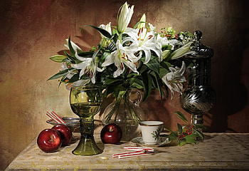 Lilies and Apples, still life, vase, apples, lilies HD wallpaper