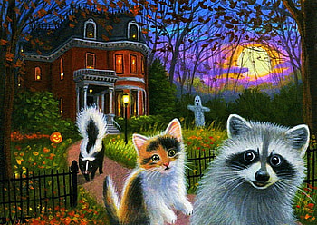 The Getaway, skunk, house, raccoon, cat, artwork, painting, ghost, moon, fence HD wallpaper