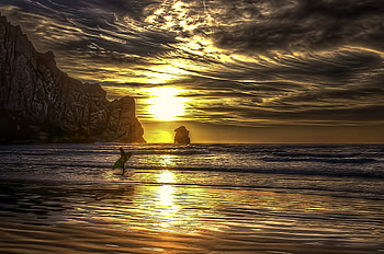 Surfer's Sunset, golden, beautiful, r, beach HD wallpaper