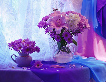 Vase of purple flowers, Flowers, Bouquet, Vase, Table HD wallpaper