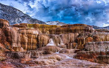 Mound Terrace, evening, sunset, beautiful sky, Yellowstone National Park, Wyoming, USA HD wallpaper