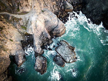Rocks, aerial shot, sea waves, coast HD wallpaper