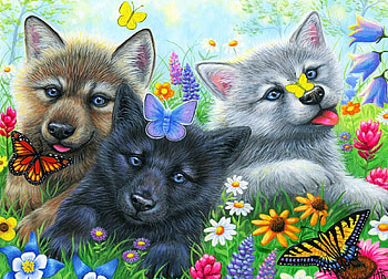 Butterfly Delight, wolves, pups, artwork, butterflies, painting, colors, flowers HD wallpaper