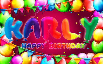Happy Birtay Karly, , colorful balloon frame, Karly name, purple background, Karly Happy Birtay, Karly Birtay, popular german female names, Birtay concept, Karly HD wallpaper