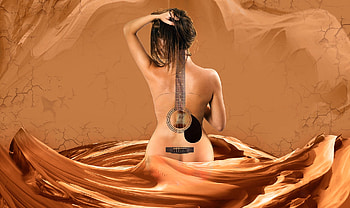 Woman With a Musical tattoo, sexy, music, magical, Woman, guitar, Digital, dreamy, orange, Femininity HD wallpaper