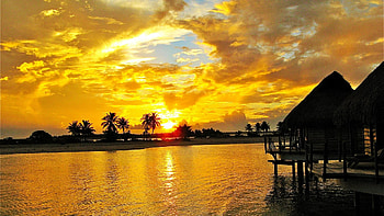 Sunset, sea, sunset-tikehau-french-polynesia-pacific-sky-clouds-sea-cabin, graphy, sunsets, clouds, sky, nature, cabin HD wallpaper