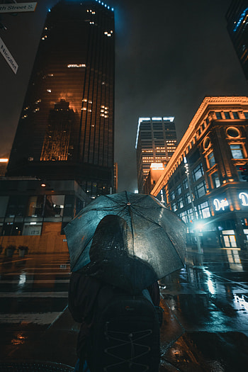 Umbrella, Rain, Miscellanea, Miscellaneous, Neon, Human, Person, Backpack, Rucksack, Hood HD phone wallpaper