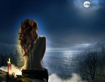 MOONLIGHT SHADOW, SKY, REFLECTIONS, CANDLE, FEMALE, MOON HD wallpaper