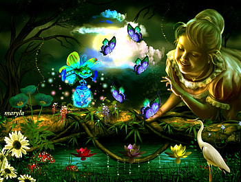butterflies, night, blue, birds, water bottle, gold, butterfly, moon, flower, water, magic, bird, girl, mushrooms, elf, tree, woman, heron, fantasy, light, green, red, clouds, sky, flowers, lilies, evening HD wallpaper