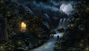 Magic wood, moon, fantasy, luna, luminos, water, tamikaproud HD wallpaper