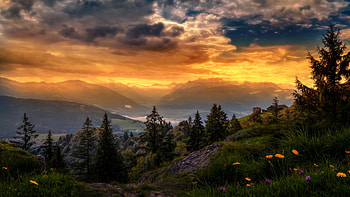 Mountain Valley in Switzerland, sky, sunset, colors, landscape, clouds, trees HD wallpaper