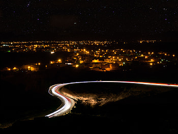 Dark, Road, Starry Sky, Night City, City Lights, Long-Term Exposure HD wallpaper