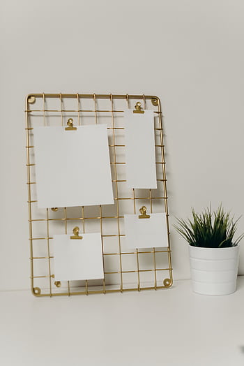 A minimalist setup featuring a wire mesh clipboard with blank papers beside a small potted plant. HD phone wallpaper